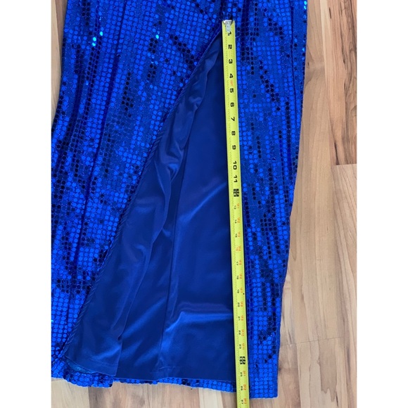 Long Cobalt Blue Sequin Dress Dramatic Slit - Picture 11 of 12